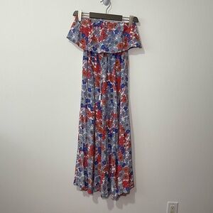 Japna Women Blue Red multi color floral strapless flowy maxi summer dress in XS